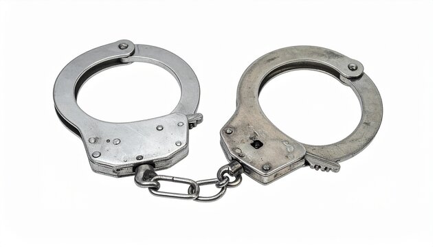 Metal Handcuffs Symbolizing Law Enforcement Justice and Security on White Backdrop for Stock Photography Use.