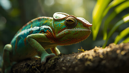 Fototapeta premium Extreme close-up macro photograph of a vibrant Panther Chameleon perched on a mossy branch, showcasing vivid scales, textured skin, striking eye detail, and natural rainforest camouflage in a stunning