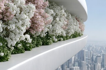 Fototapeta premium A modern balcony filled with beautiful flowering bushes overlooks a bustling city, creating a serene and peaceful urban oasis with white and pink petals.