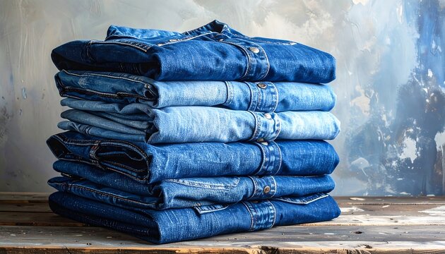 Stack of folded blue denim shirts on wood, textured backdrop. Faded colors & natural light showcase fabric details