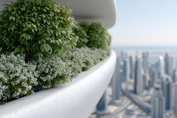 Fototapeta premium Modern architecture featuring lush green plants and flowers on a high-rise balcony, overlooking a blurred cityscape, offering a blend of nature and urban design.