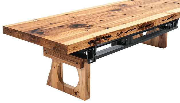 Wooden table with live edge top, trestle legs, and a black, rackmount shelf