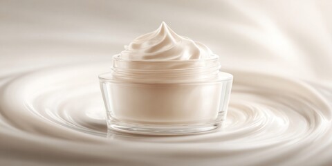 Luxurious cosmetic cream in a clear glass jar with swirling creamy background