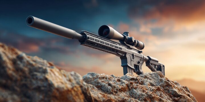 Precision sniper rifle with suppressor and scope rests on rocky terrain at sunset