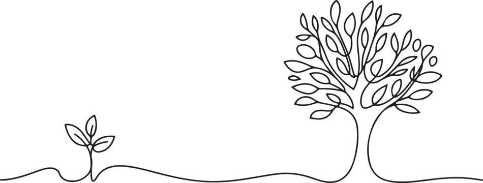 Continuous one line plant growth tree outline vector art drawing, Single line drawing of a plant. Editable stroke