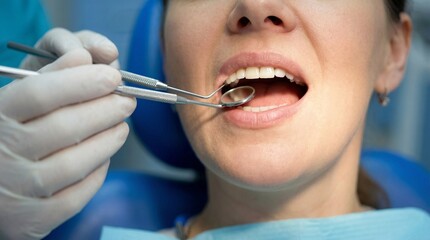 Dentist examining patient's teeth with dental tools