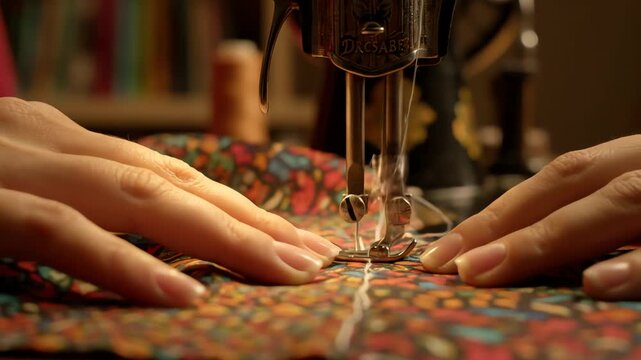 Close Up of Hands Guiding Floral Fabric Through Vintage Sewing Machine Under Warm Lighting in Dark Room with Bookcase in Background