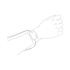 Obraz premium Hand wearing a modern smartwatch with a sleek design checking the time on a minimalistic interface isolated on a clean white background