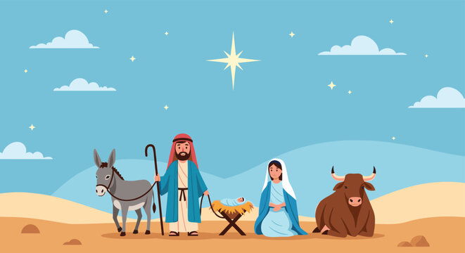 Nativity scene illustration showing Mary and Joseph with baby Jesus in a manger surrounded by a donkey and a cow under a bright star.