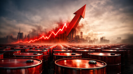 Obraz premium Oil price soaring: Symbolic image depicting the rise in oil prices with barrels, a red arrow, and a cityscape.