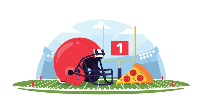 American football helmet and a slice of pepperoni pizza on a stadium field with a goal post in the background for a sports event theme.