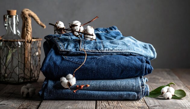 Stack of folded denim jeans with cotton branches on a rustic wooden surface, against a soft grey background
