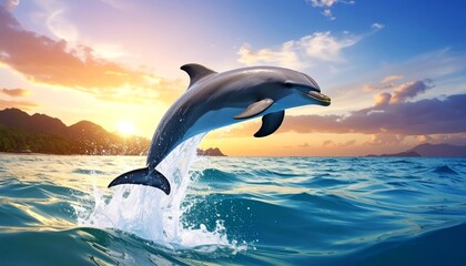Fototapeta premium A playful bottlenose dolphin creates a massive splash as the marine mammal performs a majestic jump out of the deep blue ocean water
