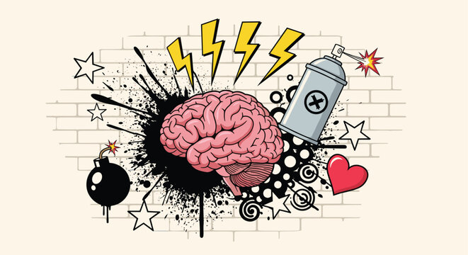 Vibrant street art style illustration of a pink human brain against a brick wall with graffiti elements including a spray can, bomb, and heart.