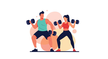 Fototapeta premium Athletic man and woman in gym wear performing squats while lifting dumbbells during a fitness training session with abstract background circles.