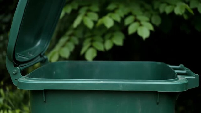 Hand Placing Full White Trash Bag in Open Dark Green Trash Can Outdoors Surrounded by Green Leaves in Soft Natural Light
