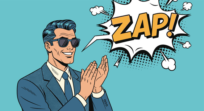 Energetic businessman in a blue suit clapping his hands with a loud zap comic exclamation on a teal background.