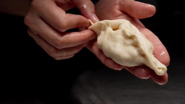 Close-up hands shaping soft dough into a delicate dumpling, capturing careful pinching, folding, and sealing techniques in a warm, intimate kitchen setting