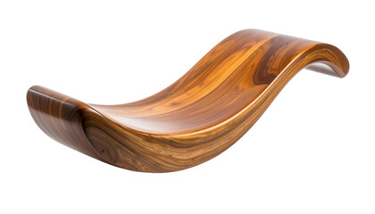A sculpted, flowing, wooden lounge chair with a graceful wave design against a black background