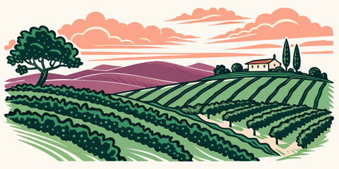 A picturesque landscape of rolling hills and farmland under a vibrant sunset sky. Vector © Md Kazi Rahman