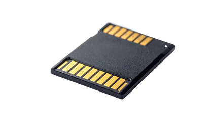 Close-up of a black, rectangular electronic memory card with gold-colored connectors