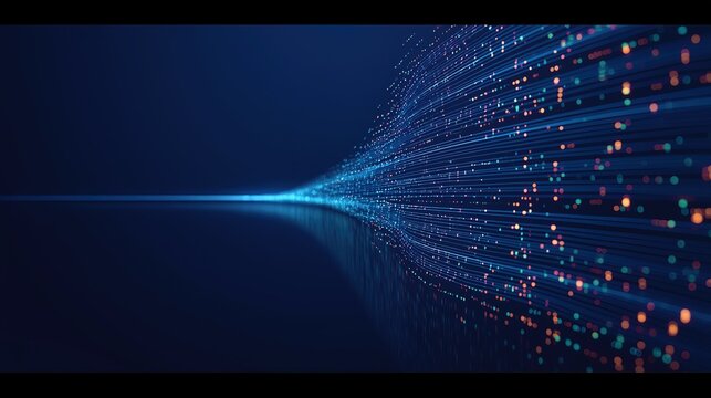Digital binary code data stream on dark blue background, digital signature with colorful dots and lines, artificial intelligence concept vector background