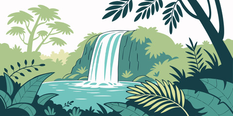 A serene tropical landscape with a waterfall and lush greenery Vector © Md Kazi Rahman
