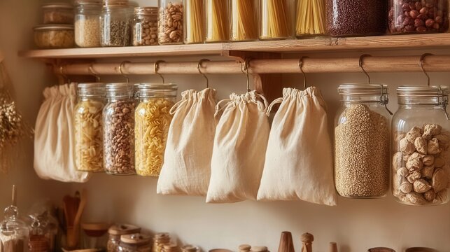 Neatly organized pantry with jars and cloth bags filled with dry goods and pasta