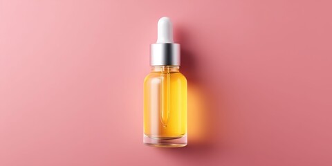 Naklejka premium Glass dropper bottle with golden serum on a soft pink background, studio lighting
