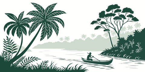 A serene tropical landscape with palm trees and a calm body of water Vector © Md Kazi Rahman