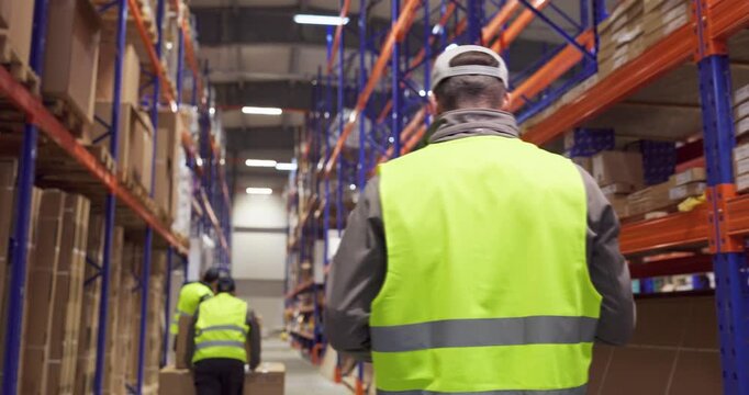 Warehouse workers coordinate logistics, inventory, shipping, delivery. They walk aisle between shelves and boxes, manage storage tasks and stock checks. Concept shows teamwork in modern warehousing.