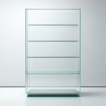 Modern minimalist glass display cabinet with multiple shelves against a white background