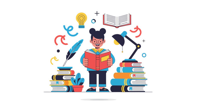 Illustration of a young student surrounded by stacks of books and educational symbols