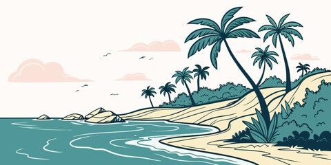 Tropical island with palm trees and clear blue waters under a sunny sky Vector © Md Kazi Rahman