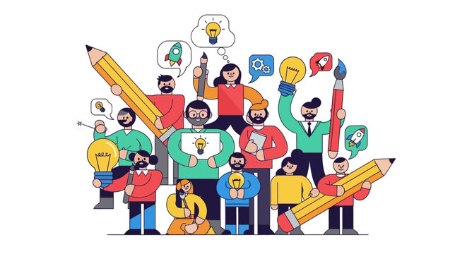 Diverse group of people celebrating with oversized pencils and icons