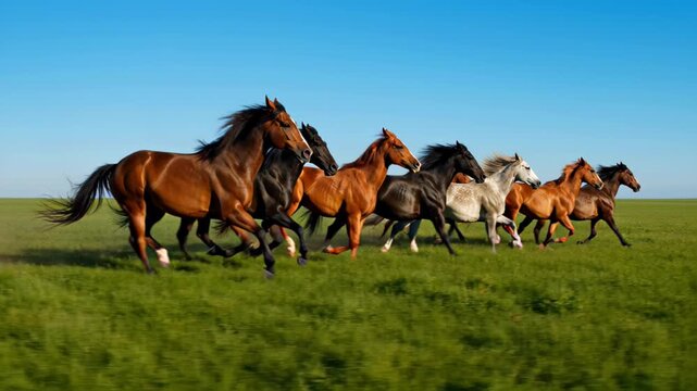 Seven 7 Galloping Horses in a Green Field Celebrating the Year of the Horse and Lunar New Year Festival