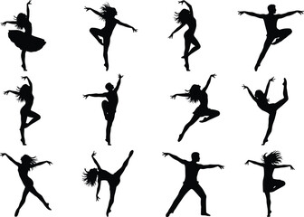 Black silhouette set of graceful male and female contemporary dancers and ballet performers jumping and posing in expressive action isolated on white background.