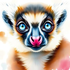 Fototapeta premium Watercolor illustration of a lemur's face, bright blue eyes, pink nose, painting, vibrant