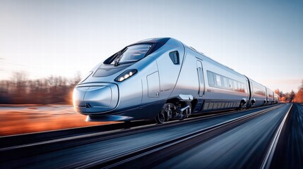 Fototapeta premium A sleek, modern high-speed train races along the tracks, symbolizing efficient travel and innovation.