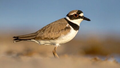 Close-up of a small bird with distinctive markings standing on sand, against a soft blue sky
