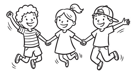 Three happy children jumping and holding hands in a playful leap with big smiles on their faces together.