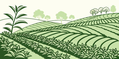 A serene landscape of rolling hills covered with lush green vegetation and trees Vector © Md Kazi Rahman