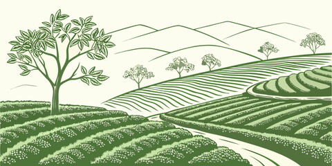 A serene landscape of rolling hills and lush greenery under a clear blue sky. Vector © Md Kazi Rahman