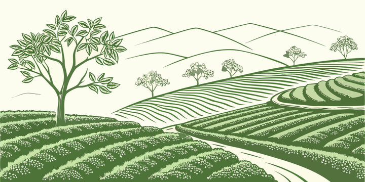 A serene landscape of rolling hills and lush greenery under a clear blue sky. Vector