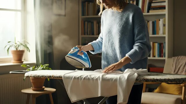 Woman Ironing White Shirt With Blue Sweater In Sunlit Room Interior