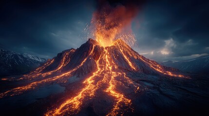 Fototapeta premium Dramatic volcano eruption with glowing lava flowing down its slopes under a dark sky