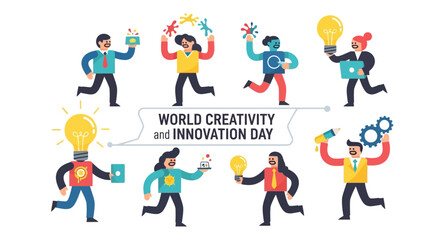 Fototapeta premium People celebrating World Creativity and Innovation Day with colorful illustrations and lightbulb moments in a vibrant scene