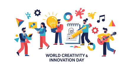 Creative individuals celebrating World Creativity and Innovation Day with art supplies and digital devices in a vibrant scene