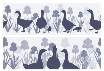 Summer seamless horizontal silhouette borders with geese and iris flowers. Vector farmhouse garden nature landscape with birds and floral elements for banners and decor © AnnstasAg