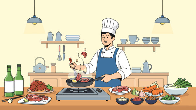 Professional chef prepares a delicious gourmet meal by searing meat in a pan within a well-equipped kitchen featuring various fresh ingredients.